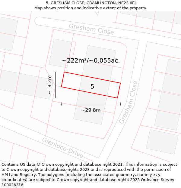 5, GRESHAM CLOSE, CRAMLINGTON, NE23 6EJ: Plot and title map