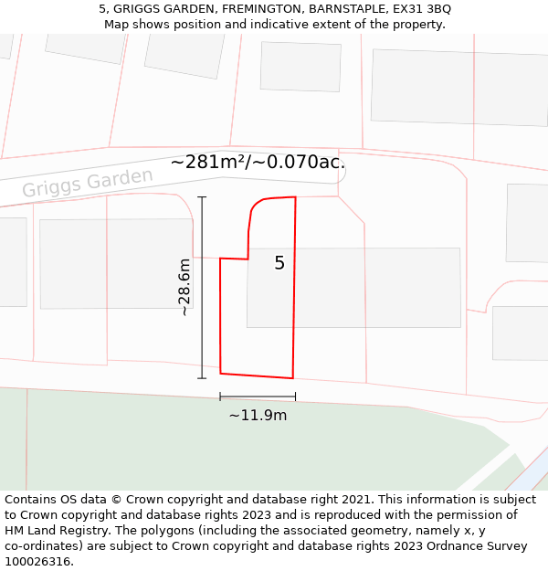 5, GRIGGS GARDEN, FREMINGTON, BARNSTAPLE, EX31 3BQ: Plot and title map