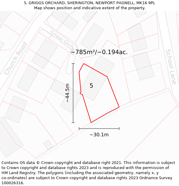 5, GRIGGS ORCHARD, SHERINGTON, NEWPORT PAGNELL, MK16 9PL: Plot and title map