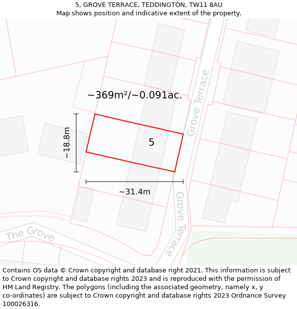 5, GROVE TERRACE, TEDDINGTON, TW11 8AU: Plot and title map