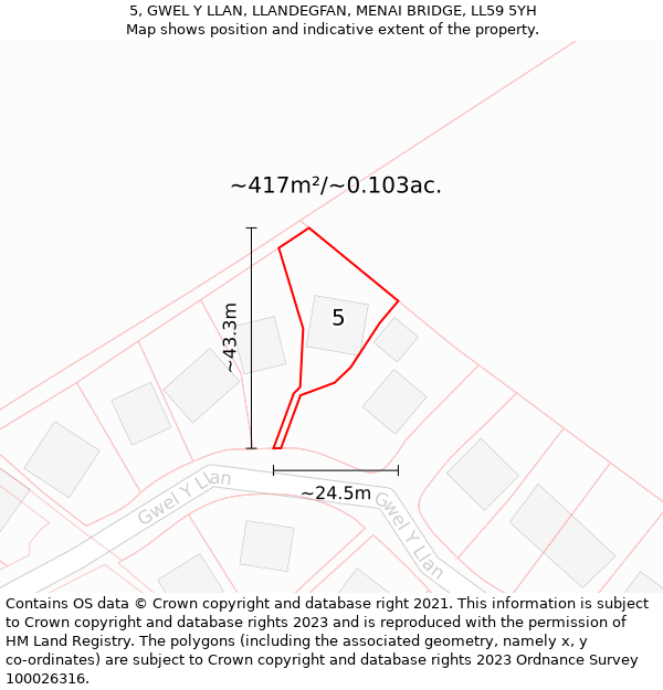 5, GWEL Y LLAN, LLANDEGFAN, MENAI BRIDGE, LL59 5YH: Plot and title map