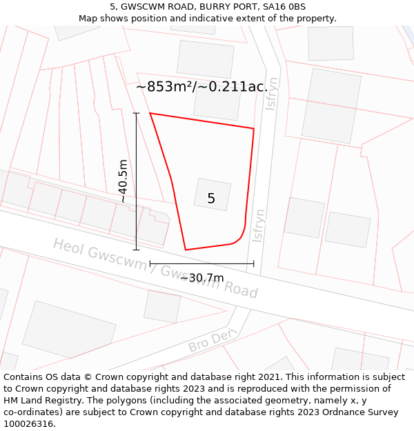 5, GWSCWM ROAD, BURRY PORT, SA16 0BS: Plot and title map