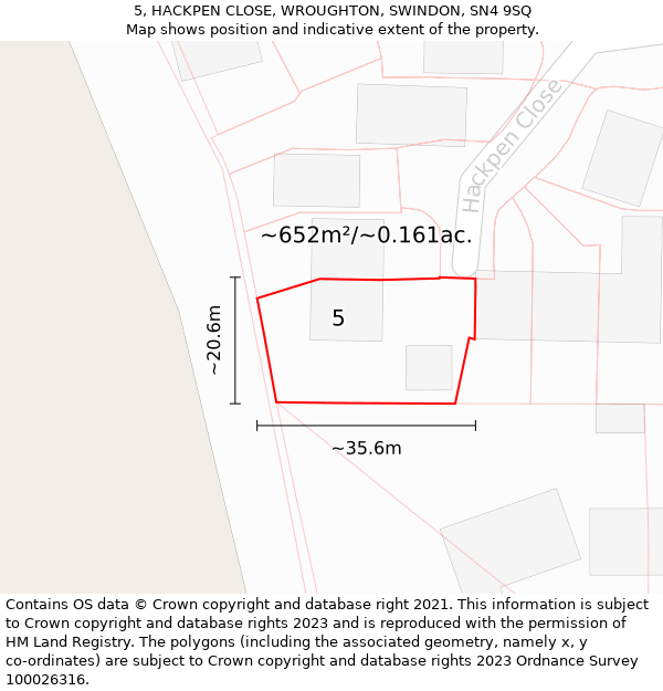 5, HACKPEN CLOSE, WROUGHTON, SWINDON, SN4 9SQ: Plot and title map