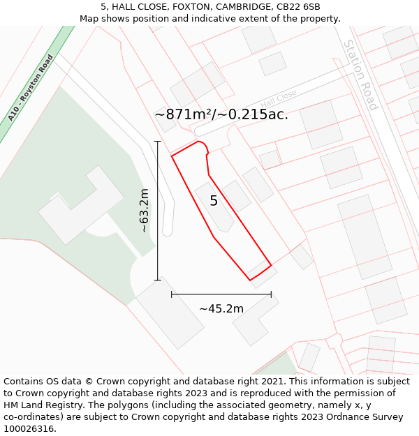 5, HALL CLOSE, FOXTON, CAMBRIDGE, CB22 6SB: Plot and title map