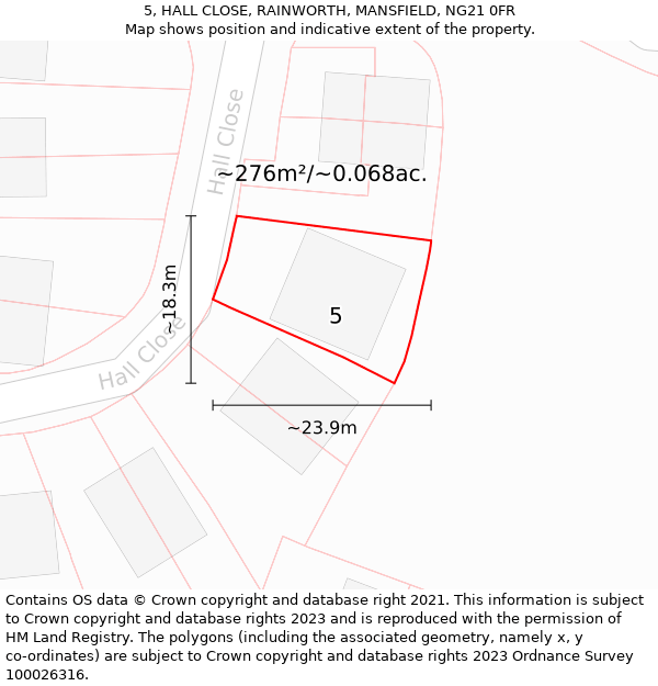 5, HALL CLOSE, RAINWORTH, MANSFIELD, NG21 0FR: Plot and title map