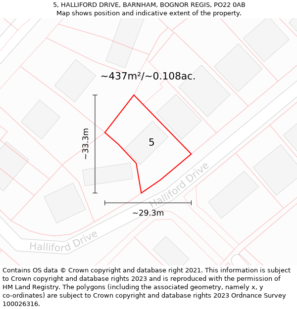 5, HALLIFORD DRIVE, BARNHAM, BOGNOR REGIS, PO22 0AB: Plot and title map