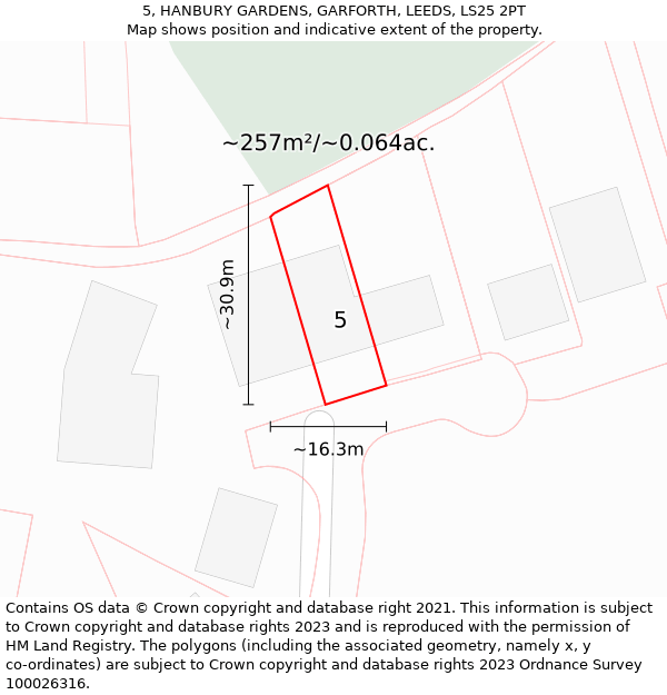 5, HANBURY GARDENS, GARFORTH, LEEDS, LS25 2PT: Plot and title map