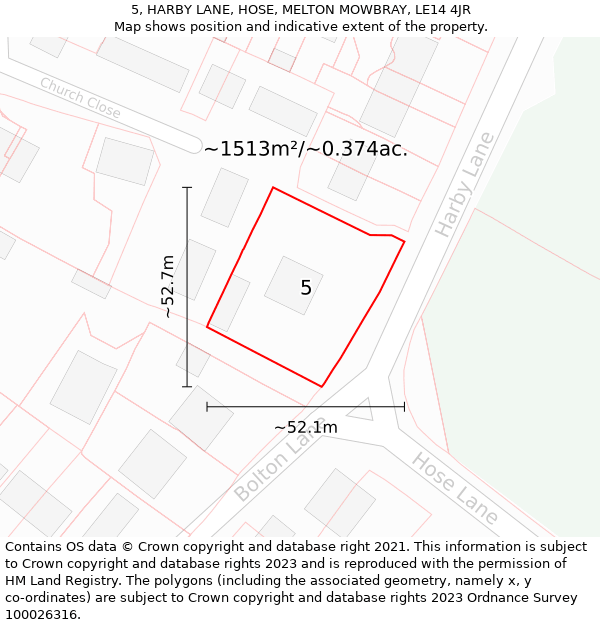 5, HARBY LANE, HOSE, MELTON MOWBRAY, LE14 4JR: Plot and title map