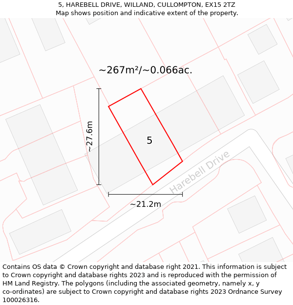 5, HAREBELL DRIVE, WILLAND, CULLOMPTON, EX15 2TZ: Plot and title map