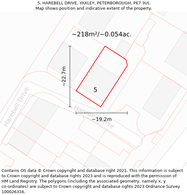 5, HAREBELL DRIVE, YAXLEY, PETERBOROUGH, PE7 3UL: Plot and title map