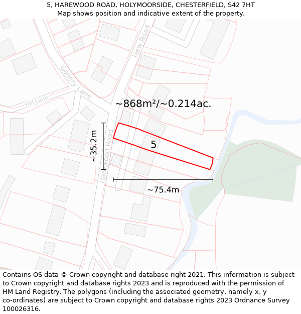 5, HAREWOOD ROAD, HOLYMOORSIDE, CHESTERFIELD, S42 7HT: Plot and title map