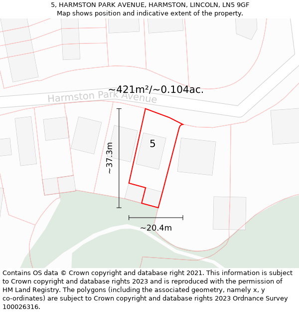 5, HARMSTON PARK AVENUE, HARMSTON, LINCOLN, LN5 9GF: Plot and title map