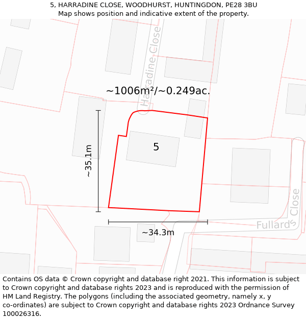 5, HARRADINE CLOSE, WOODHURST, HUNTINGDON, PE28 3BU: Plot and title map