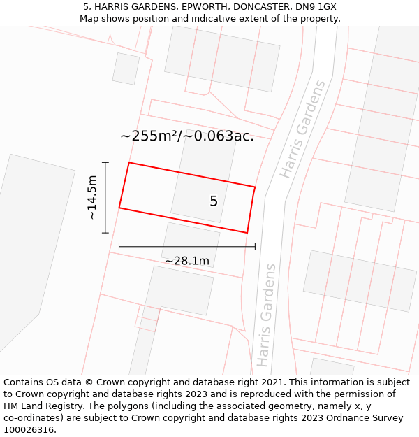 5, HARRIS GARDENS, EPWORTH, DONCASTER, DN9 1GX: Plot and title map