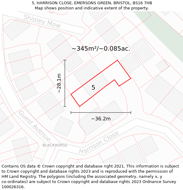 5, HARRISON CLOSE, EMERSONS GREEN, BRISTOL, BS16 7HB: Plot and title map