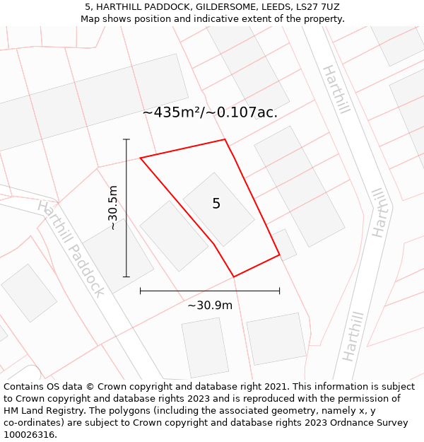 5, HARTHILL PADDOCK, GILDERSOME, LEEDS, LS27 7UZ: Plot and title map