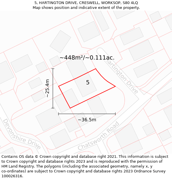 5, HARTINGTON DRIVE, CRESWELL, WORKSOP, S80 4LQ: Plot and title map