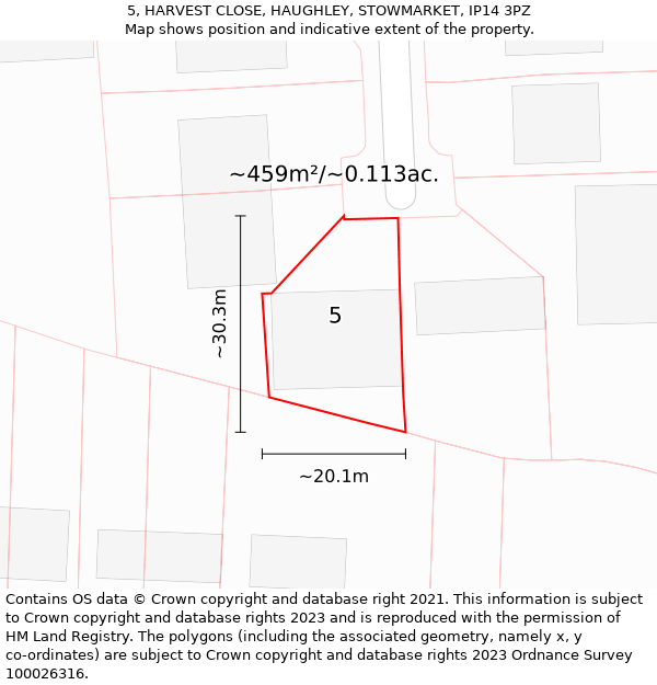 5, HARVEST CLOSE, HAUGHLEY, STOWMARKET, IP14 3PZ: Plot and title map