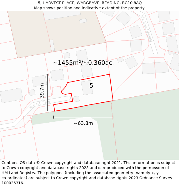 5, HARVEST PLACE, WARGRAVE, READING, RG10 8AQ: Plot and title map