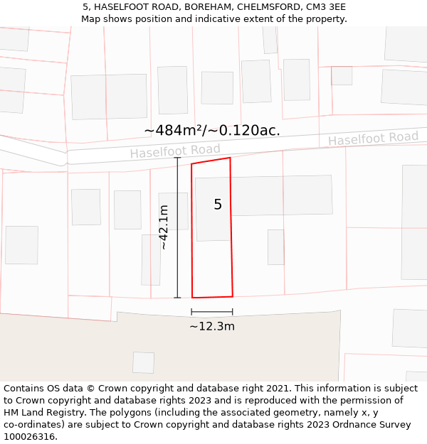 5, HASELFOOT ROAD, BOREHAM, CHELMSFORD, CM3 3EE: Plot and title map