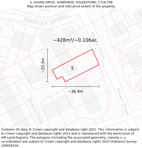 5, HAVEN DRIVE, HAWKINGE, FOLKESTONE, CT18 7PB: Plot and title map