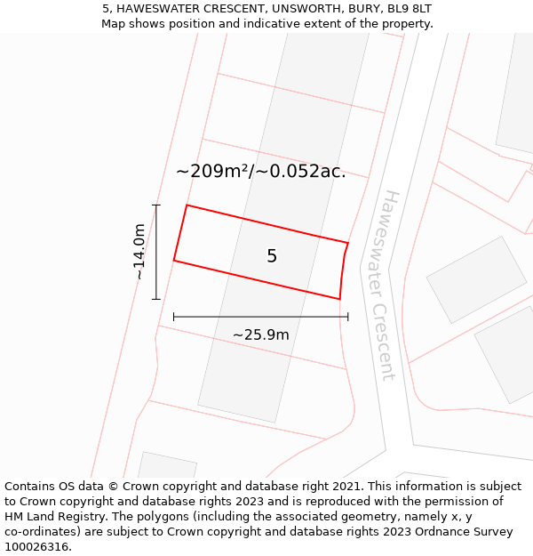 5, HAWESWATER CRESCENT, UNSWORTH, BURY, BL9 8LT: Plot and title map