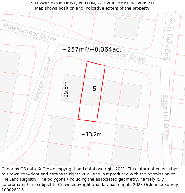 5, HAWKSMOOR DRIVE, PERTON, WOLVERHAMPTON, WV6 7TL: Plot and title map