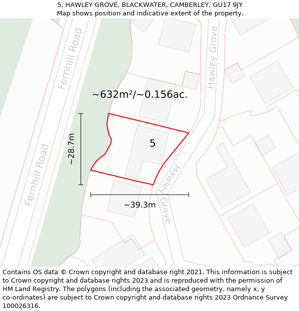 5, HAWLEY GROVE, BLACKWATER, CAMBERLEY, GU17 9JY: Plot and title map