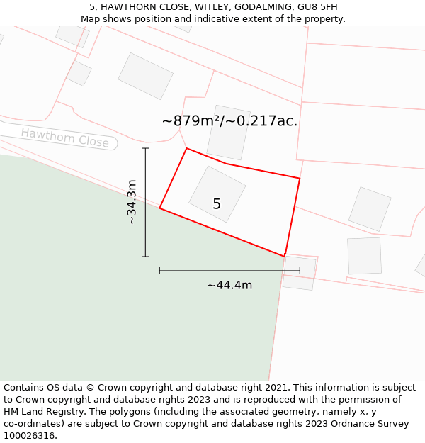 5, HAWTHORN CLOSE, WITLEY, GODALMING, GU8 5FH: Plot and title map