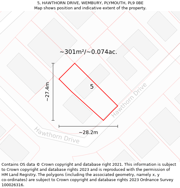 5, HAWTHORN DRIVE, WEMBURY, PLYMOUTH, PL9 0BE: Plot and title map