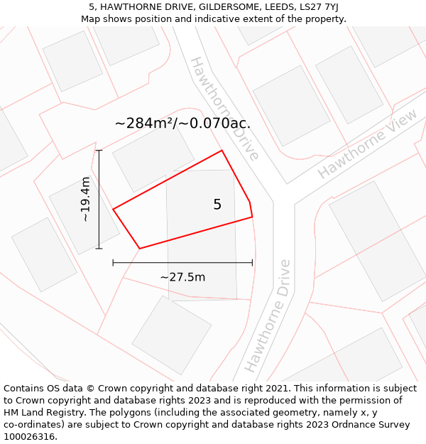 5, HAWTHORNE DRIVE, GILDERSOME, LEEDS, LS27 7YJ: Plot and title map