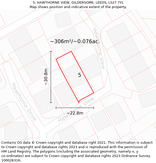 5, HAWTHORNE VIEW, GILDERSOME, LEEDS, LS27 7YL: Plot and title map