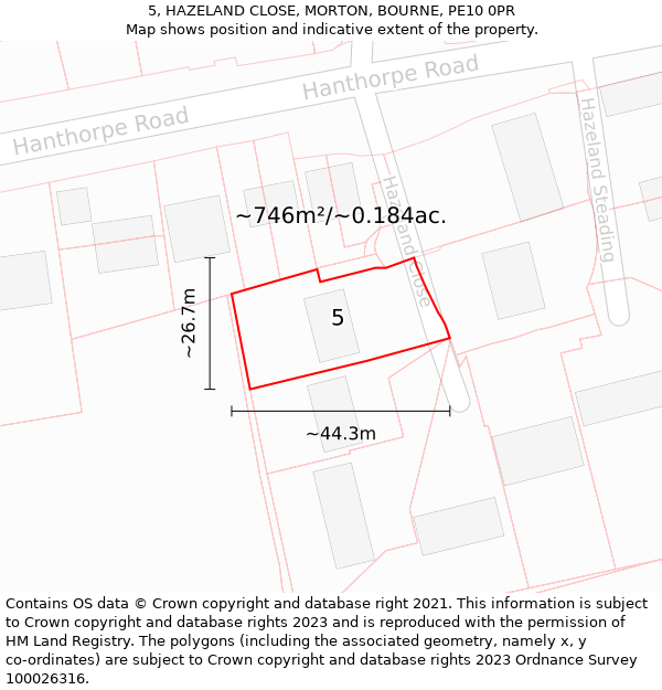 5, HAZELAND CLOSE, MORTON, BOURNE, PE10 0PR: Plot and title map