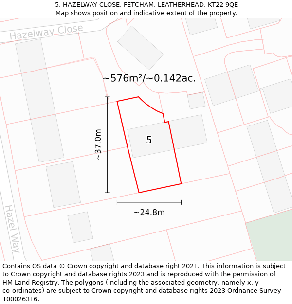 5, HAZELWAY CLOSE, FETCHAM, LEATHERHEAD, KT22 9QE: Plot and title map