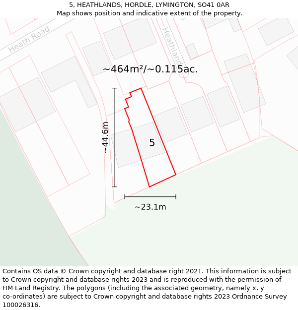 5, HEATHLANDS, HORDLE, LYMINGTON, SO41 0AR: Plot and title map