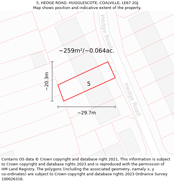 5, HEDGE ROAD, HUGGLESCOTE, COALVILLE, LE67 2GJ: Plot and title map