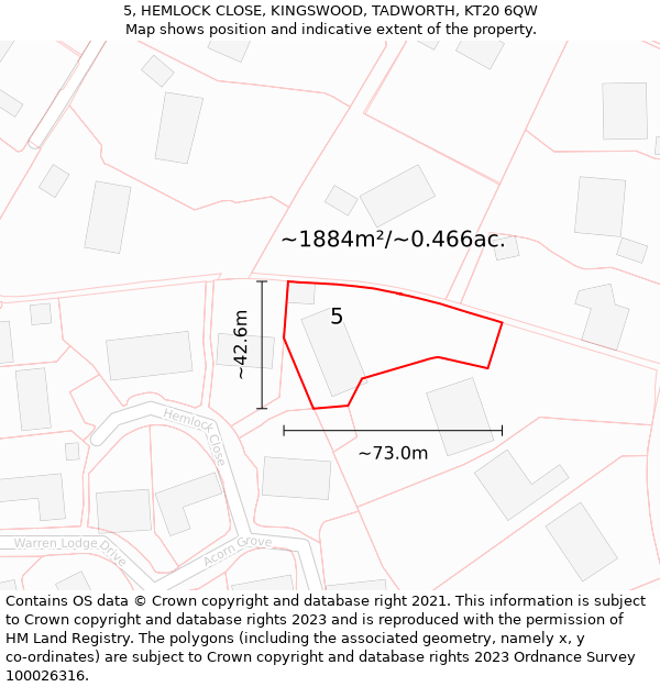 5, HEMLOCK CLOSE, KINGSWOOD, TADWORTH, KT20 6QW: Plot and title map