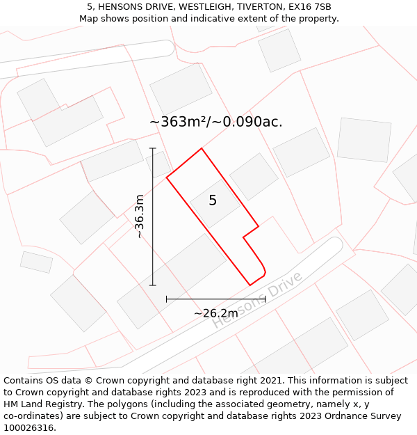 5, HENSONS DRIVE, WESTLEIGH, TIVERTON, EX16 7SB: Plot and title map