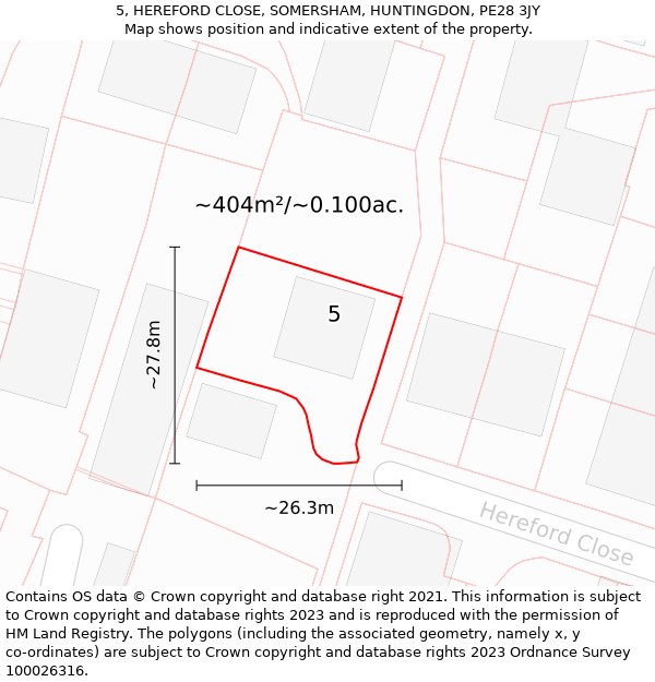 5, HEREFORD CLOSE, SOMERSHAM, HUNTINGDON, PE28 3JY: Plot and title map