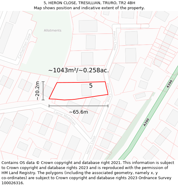 5, HERON CLOSE, TRESILLIAN, TRURO, TR2 4BH: Plot and title map