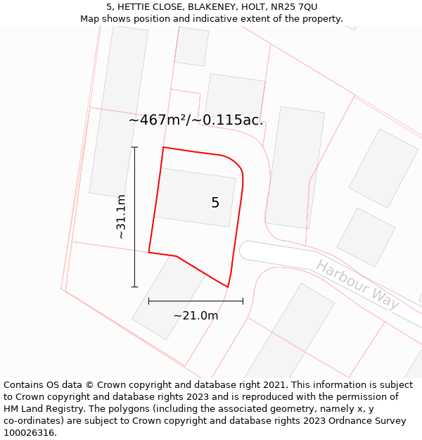 5, HETTIE CLOSE, BLAKENEY, HOLT, NR25 7QU: Plot and title map