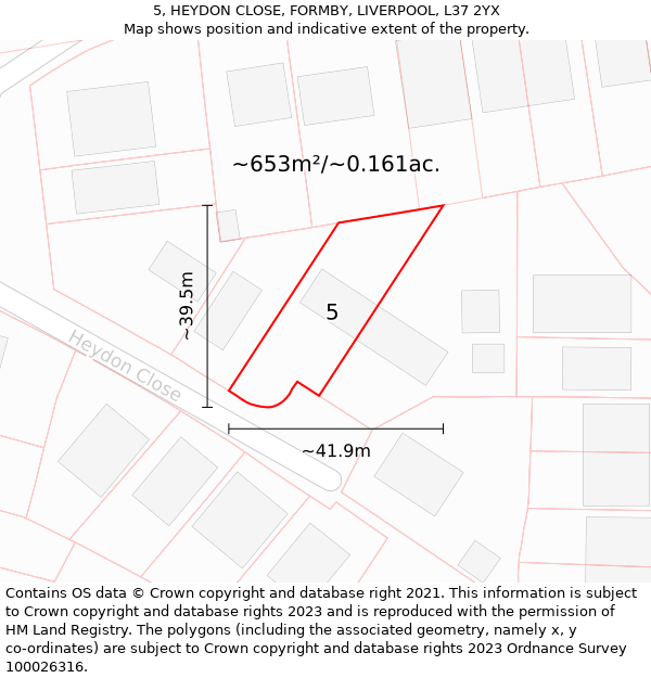 5, HEYDON CLOSE, FORMBY, LIVERPOOL, L37 2YX: Plot and title map