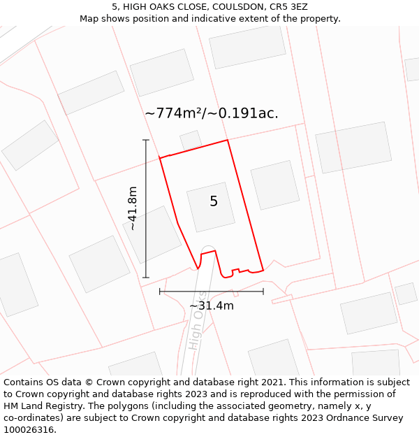 5, HIGH OAKS CLOSE, COULSDON, CR5 3EZ: Plot and title map