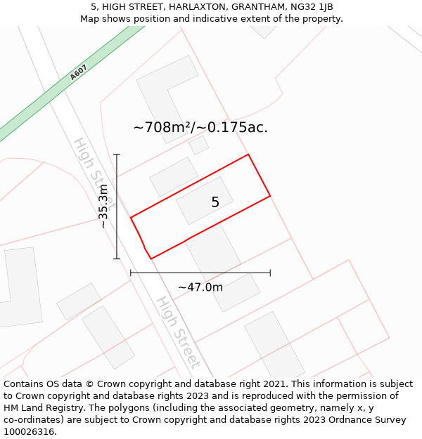 5, HIGH STREET, HARLAXTON, GRANTHAM, NG32 1JB: Plot and title map