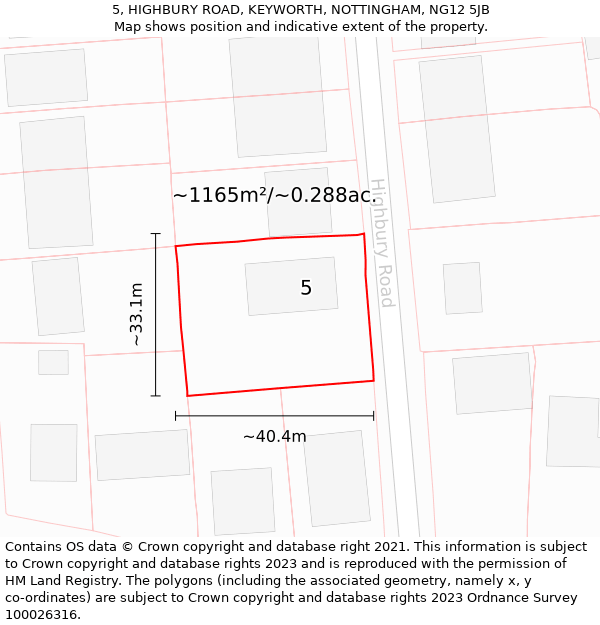 5, HIGHBURY ROAD, KEYWORTH, NOTTINGHAM, NG12 5JB: Plot and title map