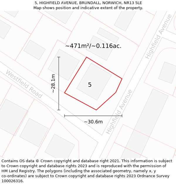 5, HIGHFIELD AVENUE, BRUNDALL, NORWICH, NR13 5LE: Plot and title map