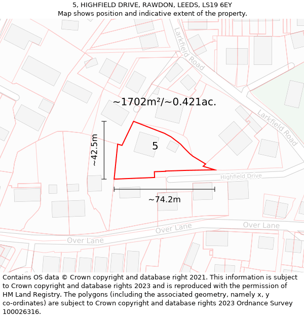 5, HIGHFIELD DRIVE, RAWDON, LEEDS, LS19 6EY: Plot and title map