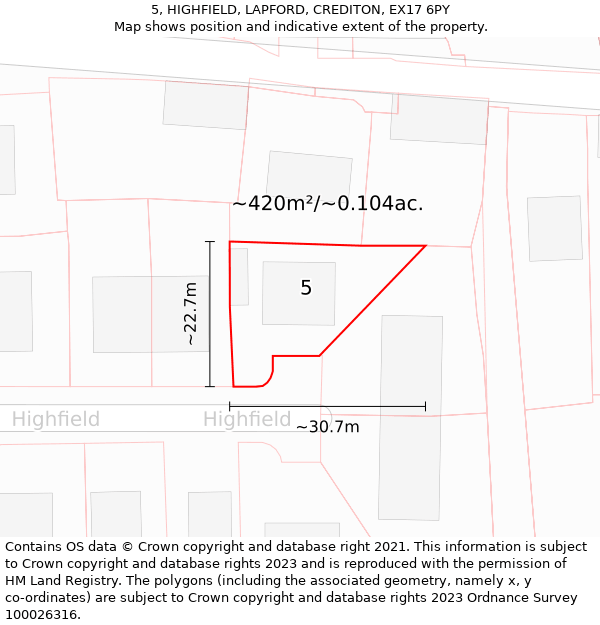 5, HIGHFIELD, LAPFORD, CREDITON, EX17 6PY: Plot and title map