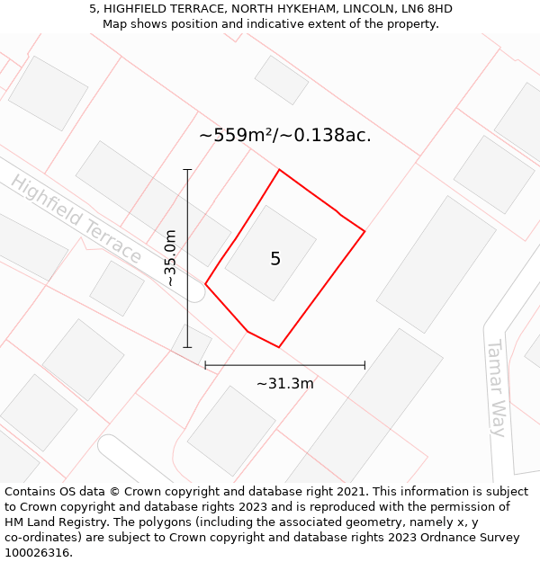 5, HIGHFIELD TERRACE, NORTH HYKEHAM, LINCOLN, LN6 8HD: Plot and title map