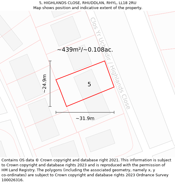 5, HIGHLANDS CLOSE, RHUDDLAN, RHYL, LL18 2RU: Plot and title map